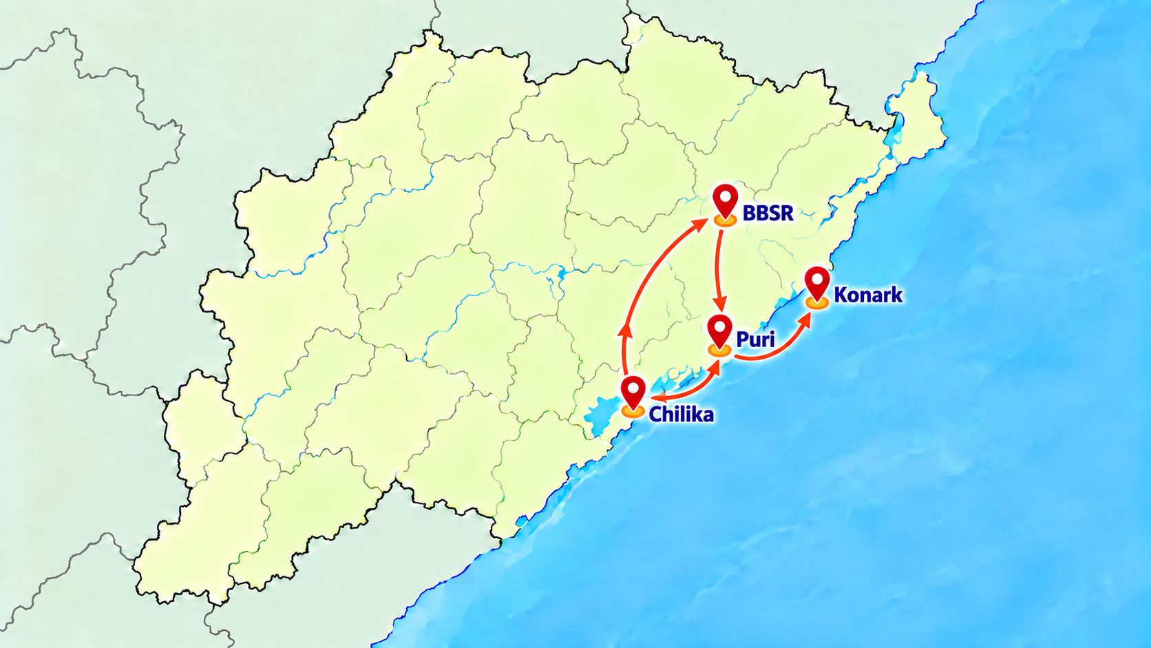 Maha Vishnu Circuit Bhubaneswar Balasore Puri Chilika Kantilo route map