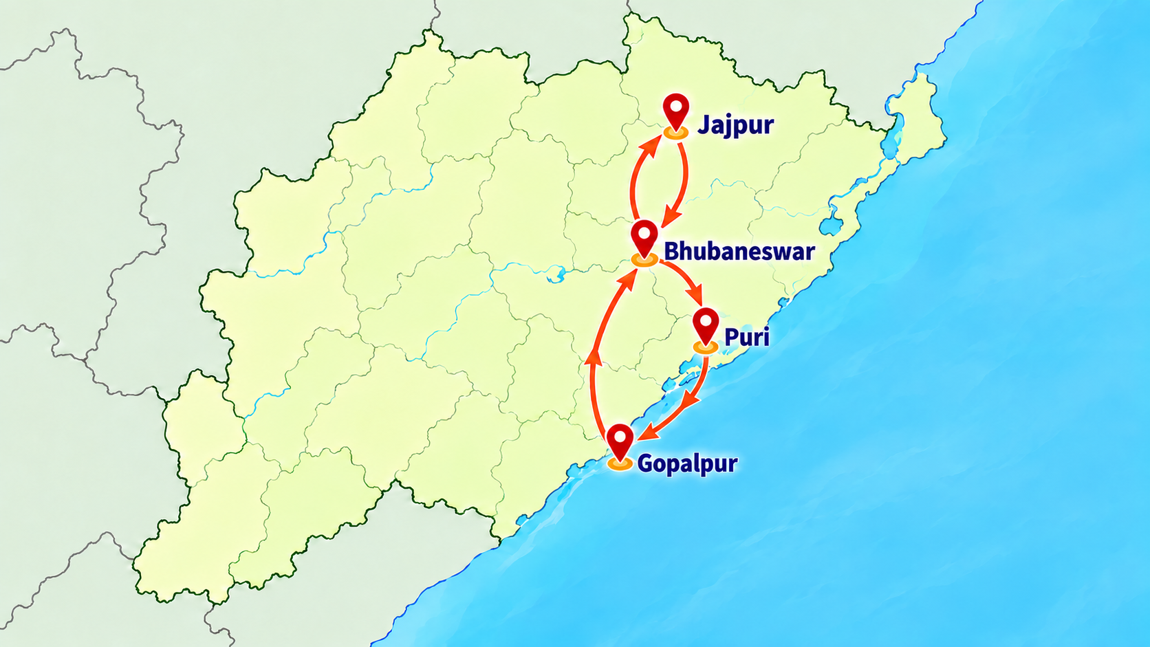 Bhubaneswar Jajpur Puri Gopalpur Adi Shakti circuit route map