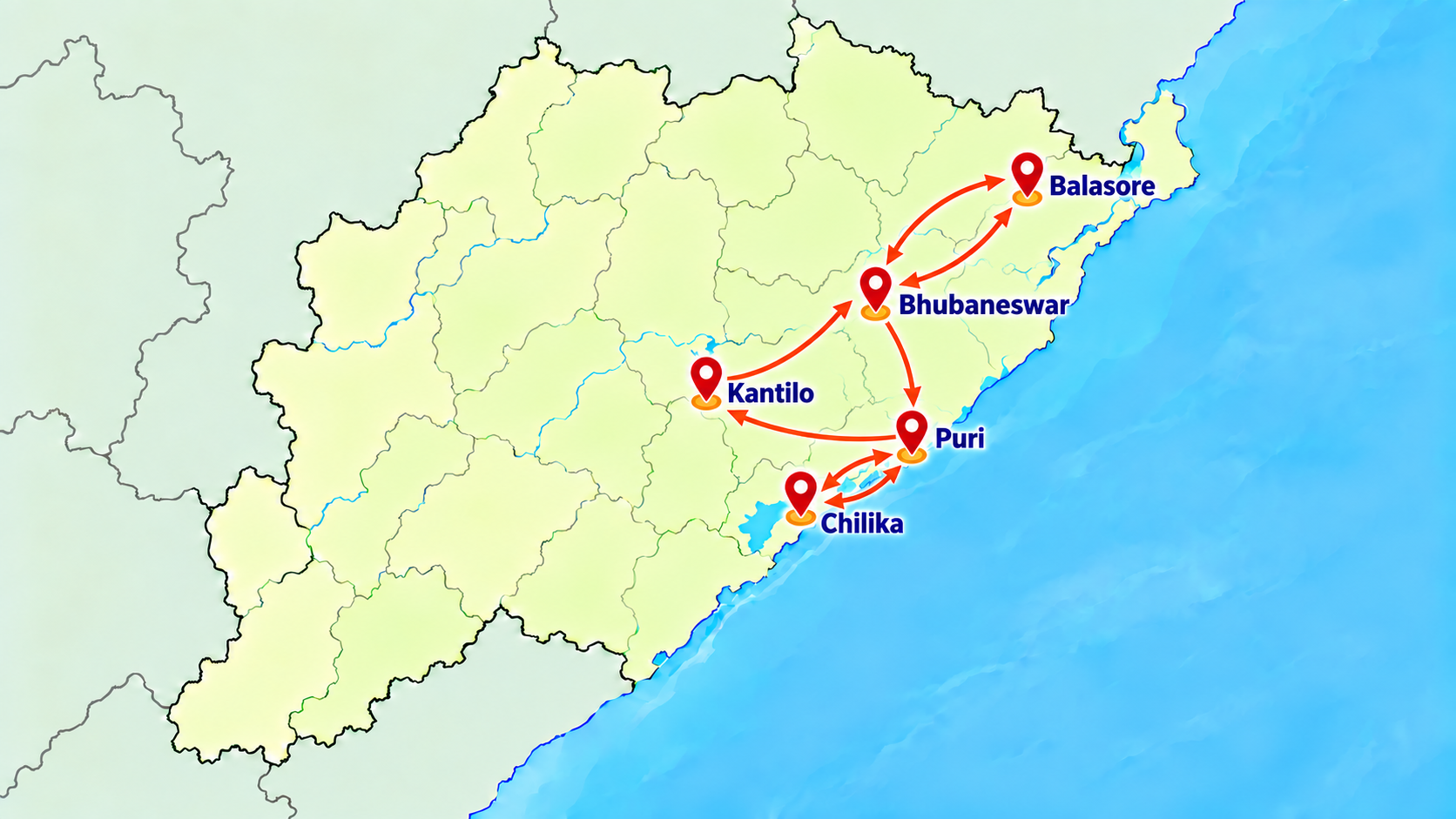 Maha Vishnu Circuit Bhubaneswar Balasore Puri Chilika Kantilo route map
